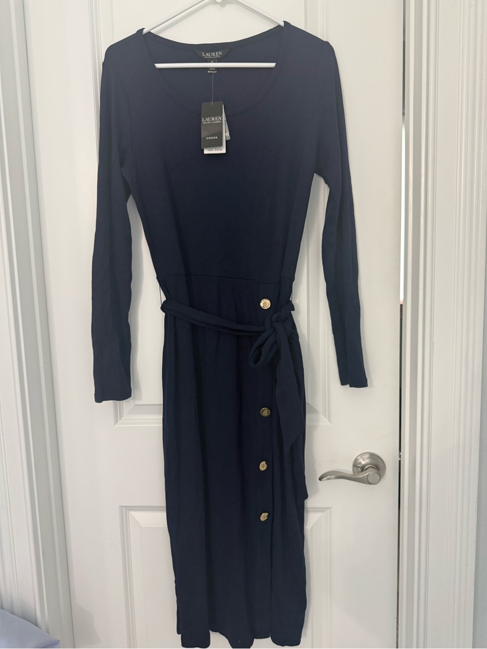 Lauren Ralph Lauren Navy Long-Sleeve Midi Dress with Belt